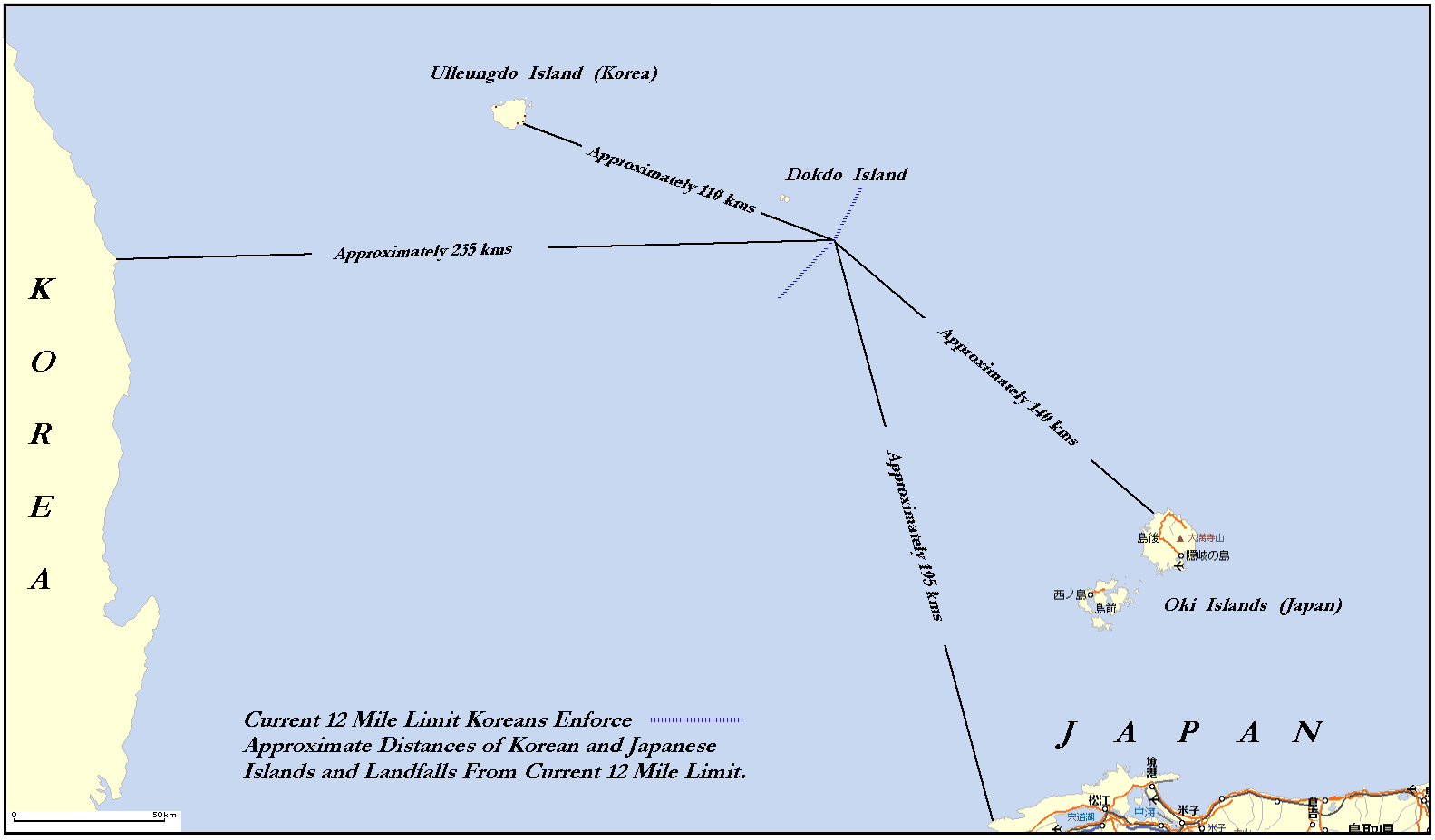 A map showing current boundary between Korea and Japan たけしま 竹島 liancourt rocks