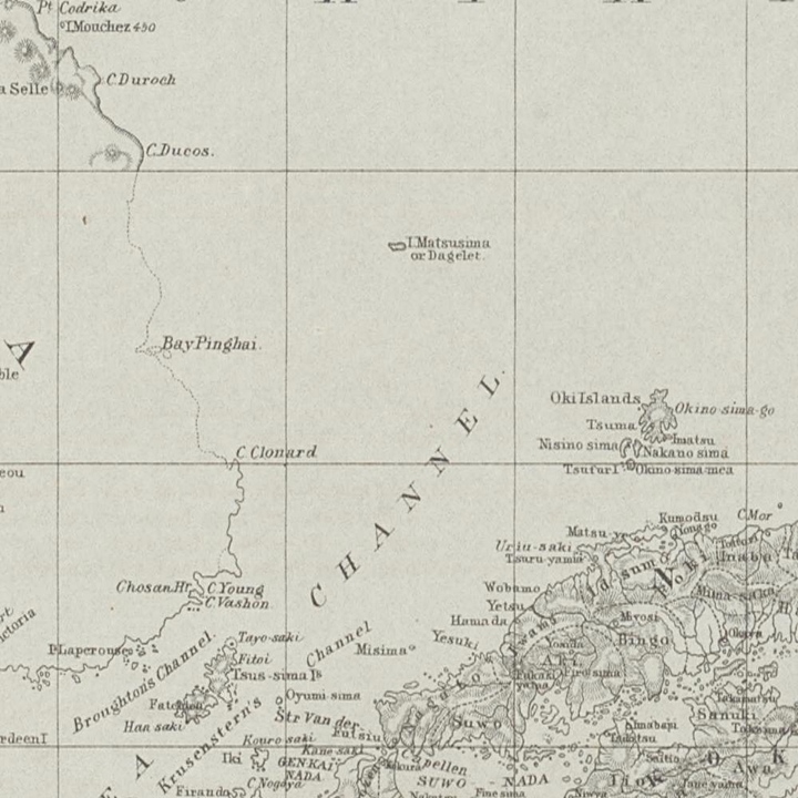 확대한 이 지도에는 Argonaut 섬이 없고 Liancourt 바위는 아직 추가되지 않았음을 보여준다.