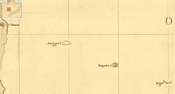 Argonaut Island is marked as P.D. or non-existent in 1855 by the British Navy