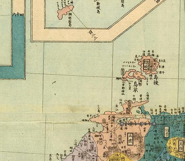 일본지도는 오키(隱岐)가 일본의 서쪽 국경 끝이었음을 보여주고 있다