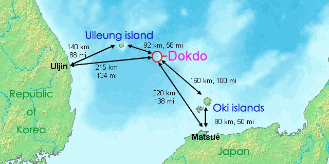 地図は竹島までの距離を示しています