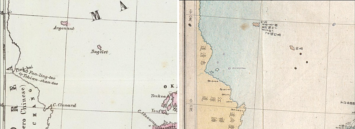 On the left is an 1847 European Map by Marzollo Bendetta showing Argonaut Island and Dagelet. To the right is a Japanese chart which assigned the name Takeshima (竹島 ~ Ulleungdo) to Argonaut and Matsushima (松島 ~ Dokdo) to Dagelet.